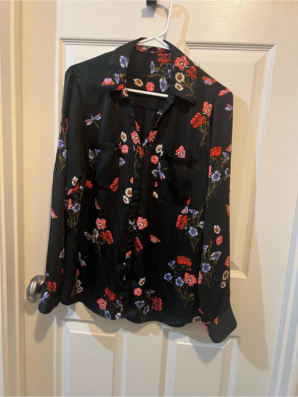 Express Black Satin Button-Down Shirt with Red & Purple Floral Print